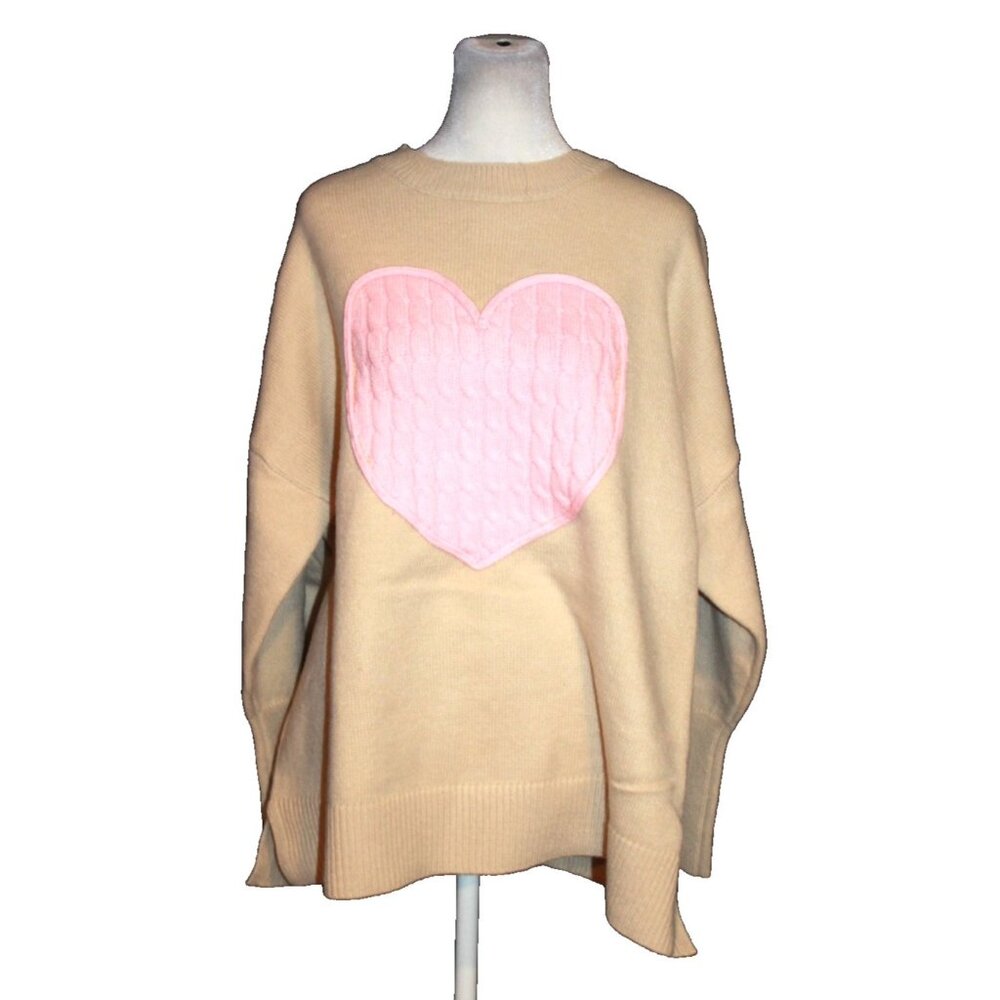Shop The Mint Heart Sweater Beige & Pink Women's Size Large L Cuff Sleeve